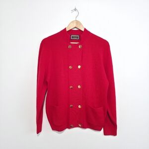 Vintage Straven Bright Red Ribbed Wool Cardigan with Gold Buttona
